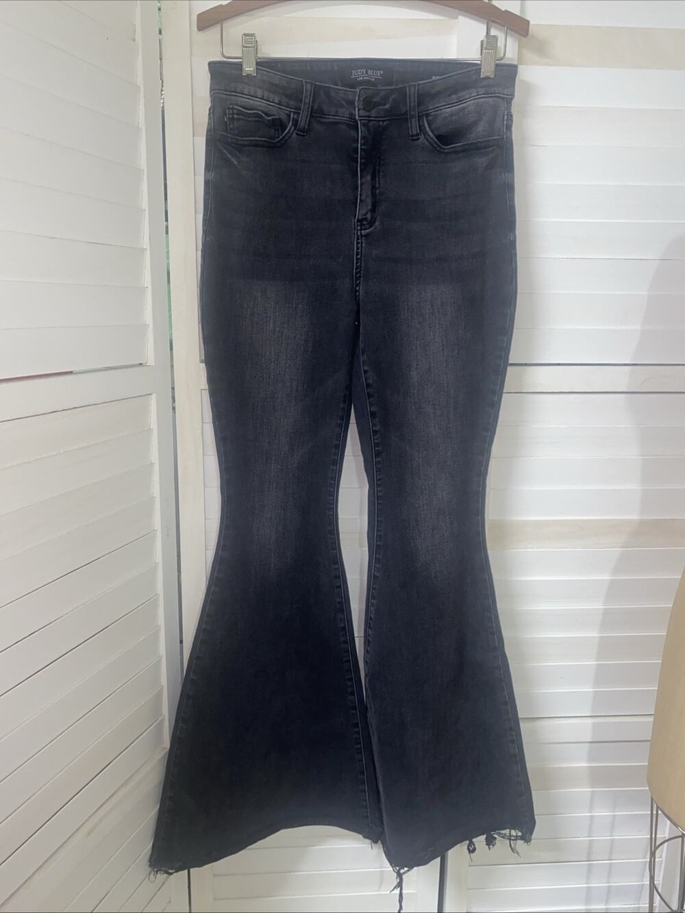 Judy Blue Jeans Womens Sz 7 28” Black Super Flare Frayed Festival 60s Hippie